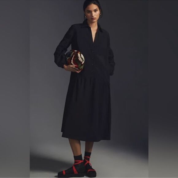 Maeve Dresses & Skirts - MAEVE BY ANTHROPOLOGIE BUTTON-FRONT BLACK TAFFETA DRESS NEW $160 Sz Large